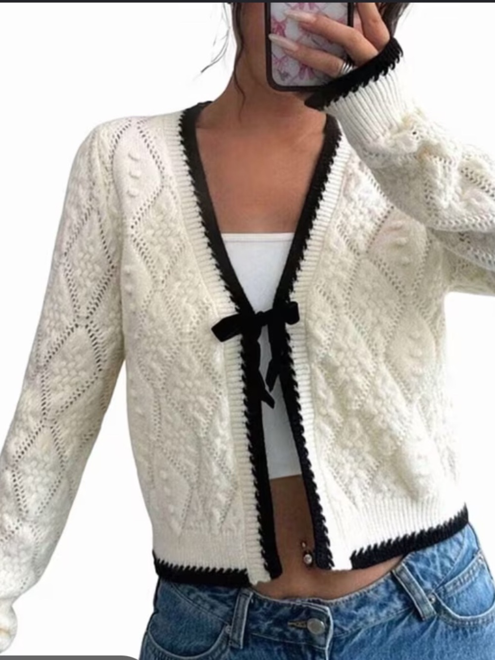 Shein Cream Cable-Knit Cropped Cardigan with Black Trim Size 6